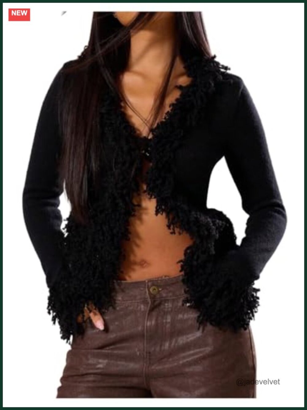 Fuzzy Trim Cardigan Sweater V Neck Long Sleeve Knitwear